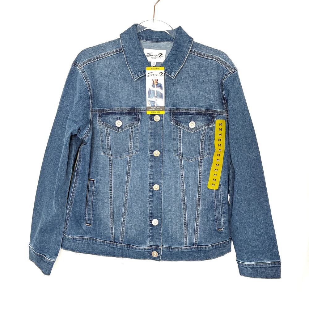 Seven 7 Jean Trucker Jacket Medium Wash Denim Button Front NWT Womens Medium